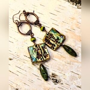 Handcrafted Earthy  Rustic Green Leaves Clay & Glass In Copper Earrings​